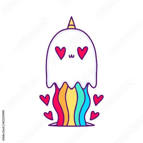 Cute funny ghost character on rainbow. Vector hand drawn cartoon kawaii character illustration. Cute monster cartoon mascot concept.