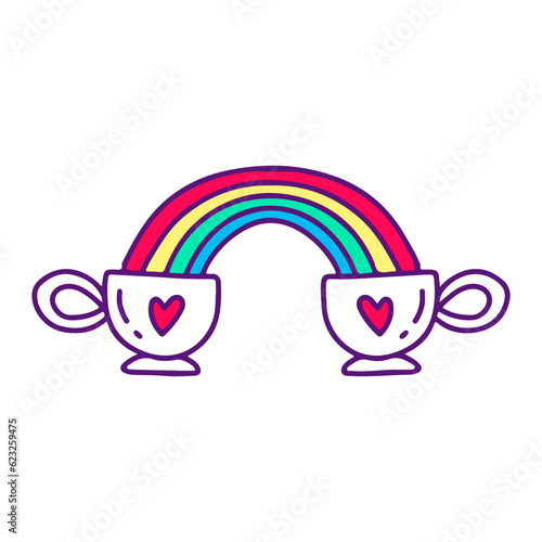 Couple cup of coffee with rainbow, illustration for t-shirt, sticker, or apparel merchandise. With doodle, retro, and cartoon style.