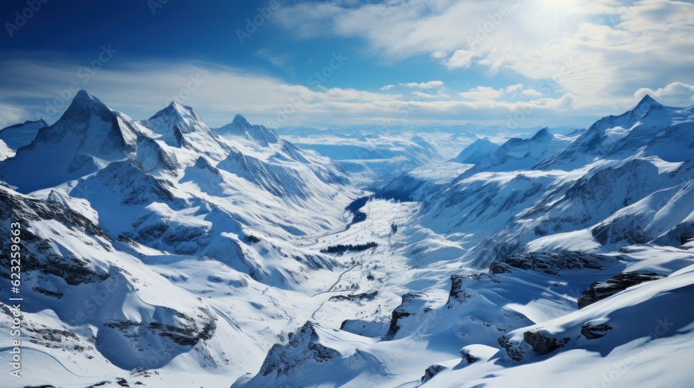 View from Mt. Titlis in the Swiss Alps in winter. Mount Titlis is a mountain, located on the border between the Swiss Cantons of Obwalden and Bern