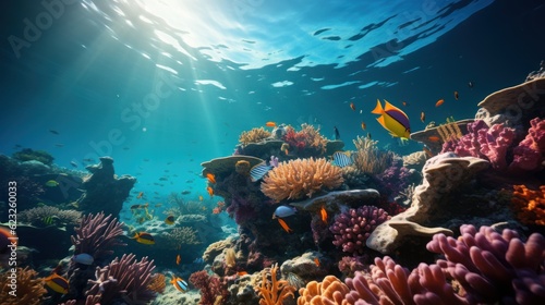Fototapeta Naklejka Na Ścianę i Meble -  Underwater seascape, sunlight through water surface with coral reef on the ocean floor, natural scene, Pacific ocean, French Polynesia 