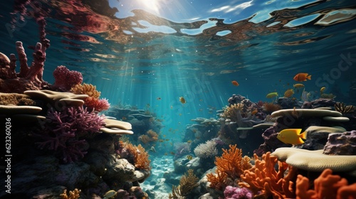 Underwater seascape, sunlight through water surface with coral reef on the ocean floor, natural scene, Pacific ocean, French Polynesia  photo