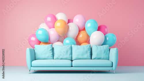 Pastel interior room with pastel balloons and a sofa. Birthday party. Generative ai.