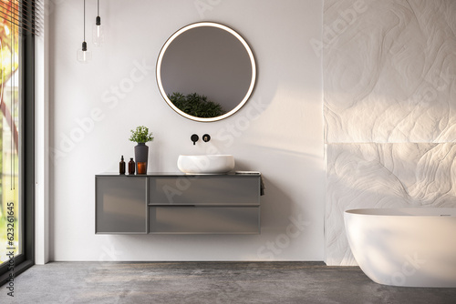 Modern bathroom interior with white bathtub and chic vanity  white walls  parquet floor.
