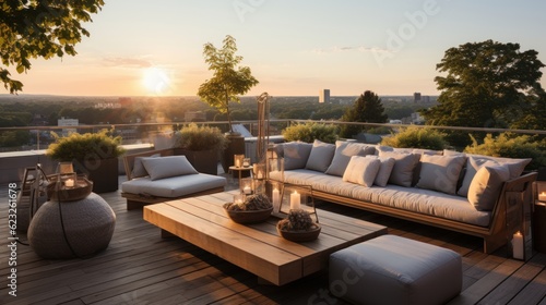 Showcase the sophistication of a minimalist rooftop terrace in the afternoon, photographed with a digital camera,