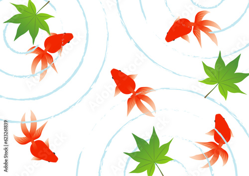 俯瞰で見た泳ぐ金魚と青紅葉のイラスト2
