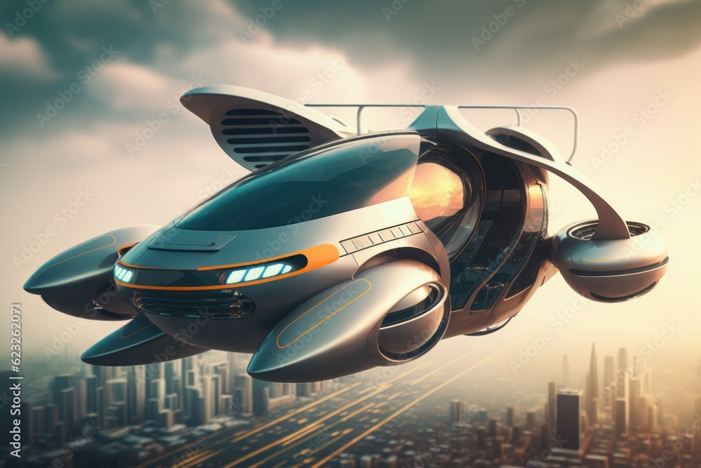 Futuristic model of a flying car. AI generated, human enhanced.