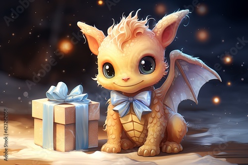 Cute dragon with gifts. Eastern calendar symbol. Christmas or New Year background with selective focus