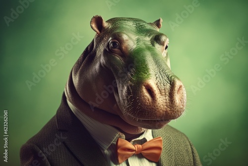 Anthropomorphic Hippo dressed in a suit like a businessman. Business Concept. AI generated, human enhanced photo