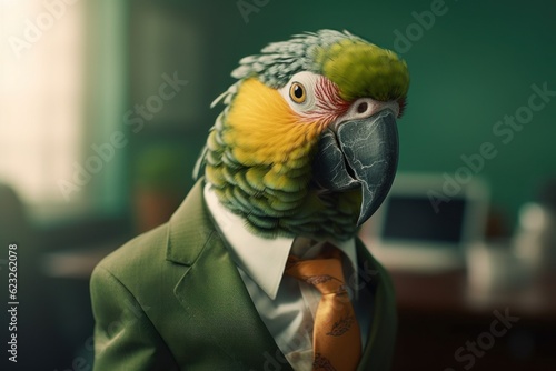 Anthropomorphic parrot dressed in a suit like a businessman. Business Concept. AI generated, human enhanced photo