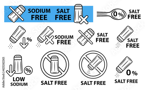 Salt free, low sodium sulfate, no salty diet food, crossed glass spice shaker bottle line icon set. Not added saline seasoning. Natural cooking nutrition eating product.  Stop prohibition sign. Vector