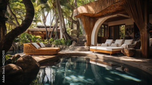 Pool beds and cabana under coconut trees © Dushan