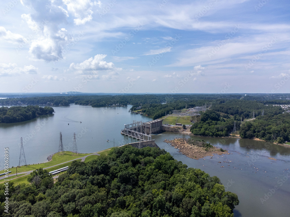 Lake Wylie and Catawba River from overhead with recreational boating