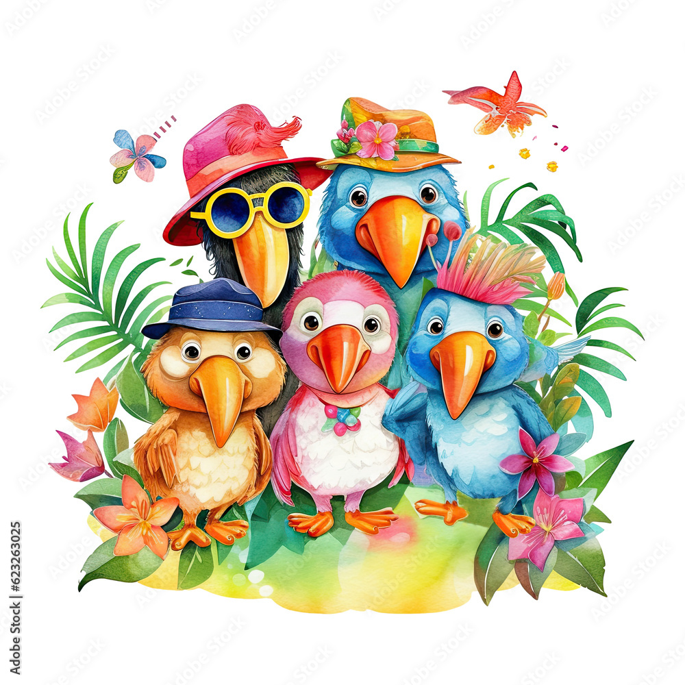 Fototapeta premium Watercolor exotic tropical birds family, summer, tourism, leaf illustration. Generative AI