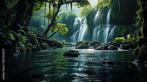 Panoramic beautiful deep forest waterfall in Thailand