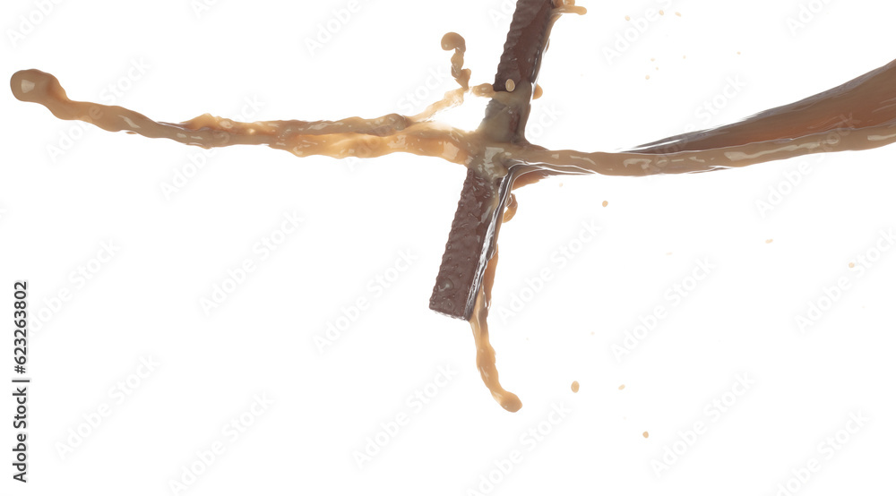 Obraz premium Milk Chocolate pouring down in Shape form line. Chocolate cocoa snack stick attack fluttering explosion in air. White background isolated, stop motion freeze shot.