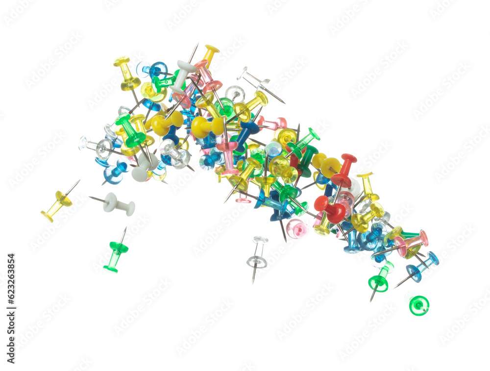 Push Pins in various color fly floating in mid air. Many group colour pins fall as office school stationary. Abstract pushpin explode unbox. White background isolated high speed shutter freeze motion Push Pins in various color fly floating in mid air. Many group colour pins fall as office school stationary. Abstract pushpin explode unbox. White background isolated high speed shutter freeze motion