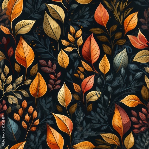 A seamless pattern of autumn leaves. Generative AI. 