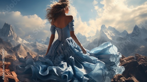 Mystery fantasy Woman Snow Queen in blue lush dress, fly in wind. Lady traveler. Art background winter frozen nature mountains, snow white dramatic sky clouds heaven.