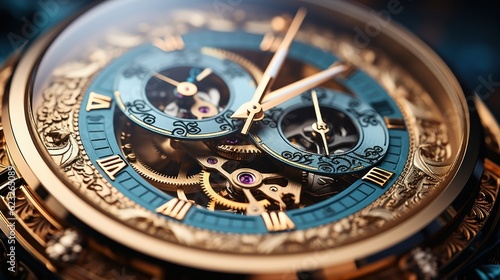 Mechanism, clockwork of a watch with jewels, close-up. Vintage luxury background. Time, work concept