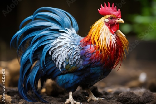Happy animal in natural habitat. Visualize a high-resolution, photorealistic image of a hen. This happy hen is special, its feathers are painted with the colors of the rainbow.