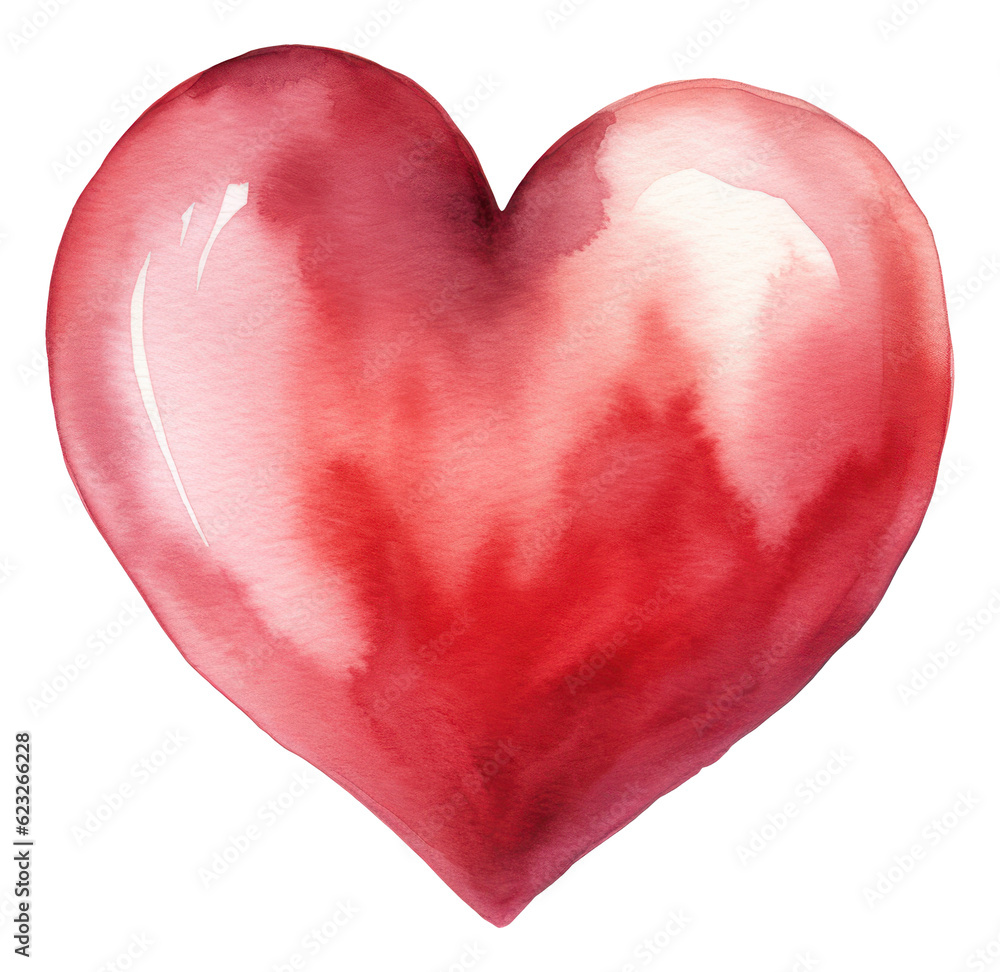 Watercolor drawing of a red heart isolated.