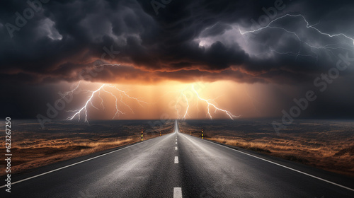 lightning strike on empty road with cloudy sky background. generative AI  © piggu