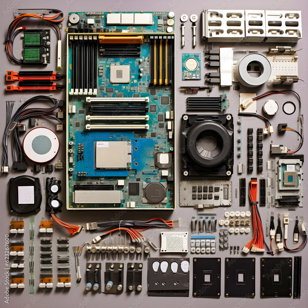 Fototapeta premium Tech Knolling: CPU Motherboard Arranged in Precision - generative ai