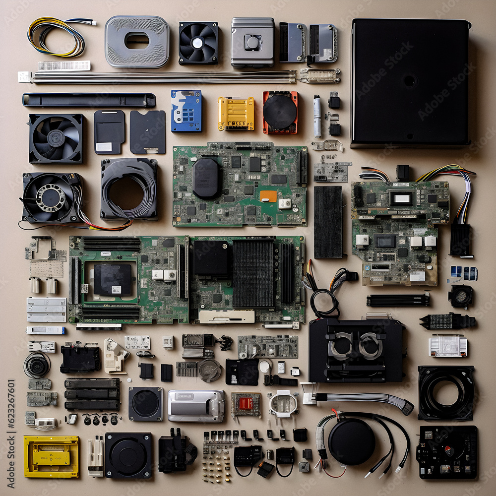 Fototapeta premium Tech Knolling: CPU Motherboard Arranged in Precision - generative ai