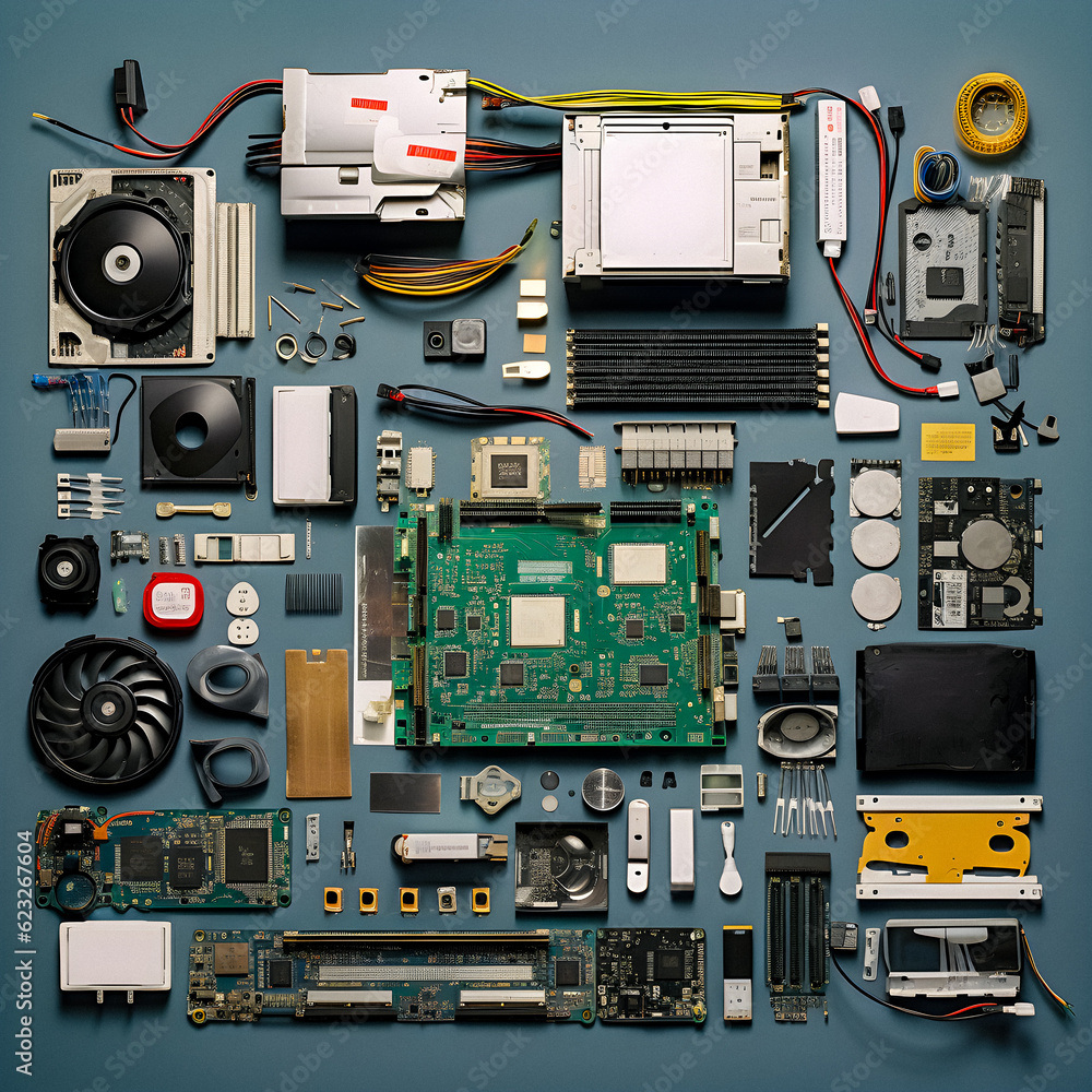 Fototapeta premium Tech Knolling: CPU Motherboard Arranged in Precision - generative ai