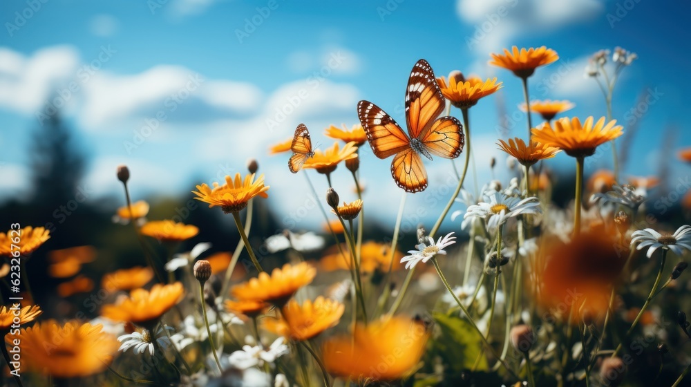 Flowers daisies in summer spring meadow on background blue sky with white clouds, flying orange butterfly, wide format.