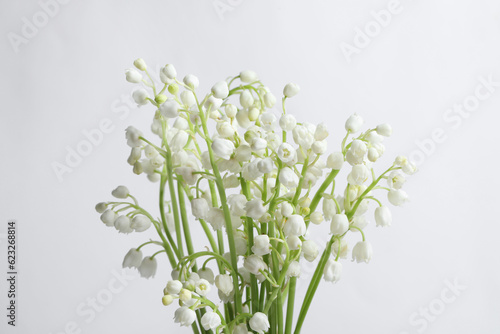 Beautiful lily of the valley flowers on light grey background  closeup