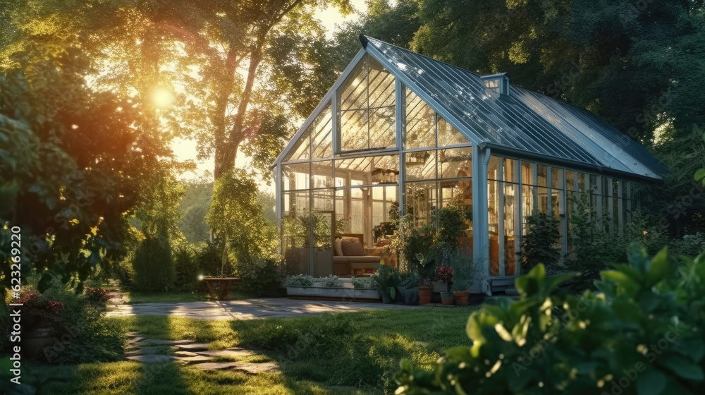 Beautiful glass house at the garden when morning