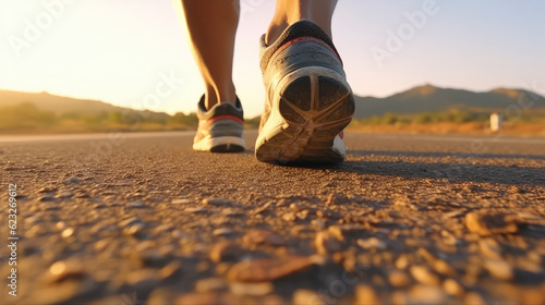 Close-up of feet with running shoes, Runner athlete running on the road at the morning