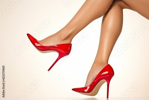 Beautiful female legs in a playful pose and in fashionable high-heeled shoes, on an isolated background. Generative AI