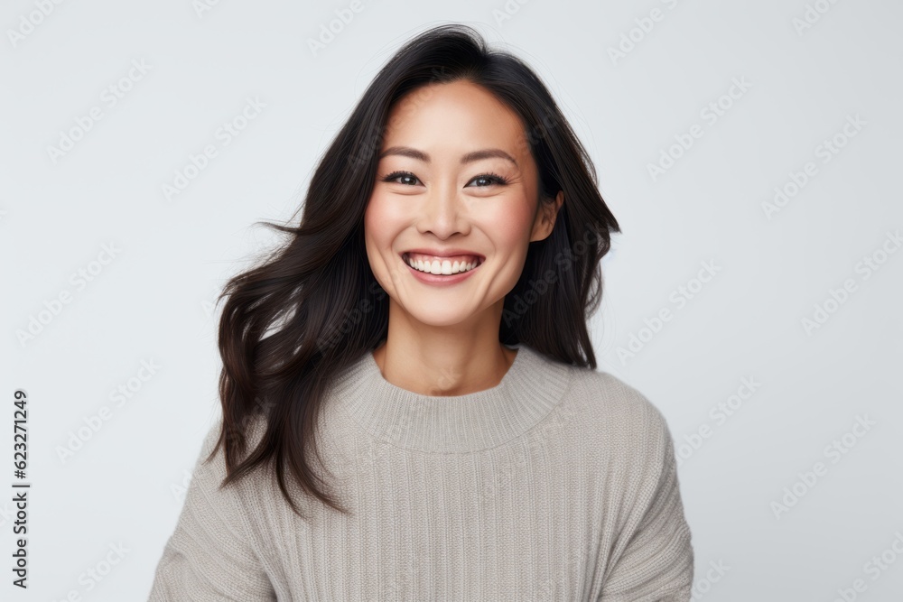 Portrait of smiling young asian woman looking at camera over white background Portrait of smiling young asian woman looking at camera over white background