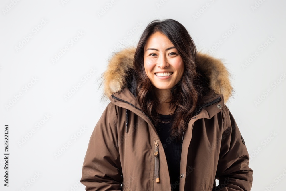 Portrait of a smiling asian woman in winter jacket on white background Portrait of a smiling asian woman in winter jacket on white background
