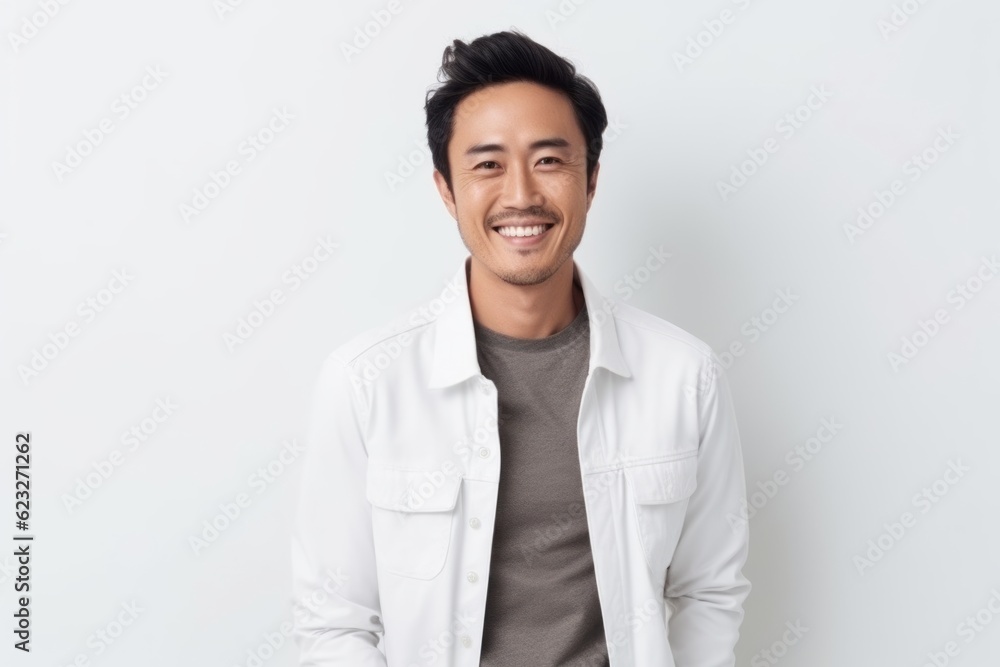 Portrait of a smiling asian man in white shirt on white background Portrait of a smiling asian man in white shirt on white background