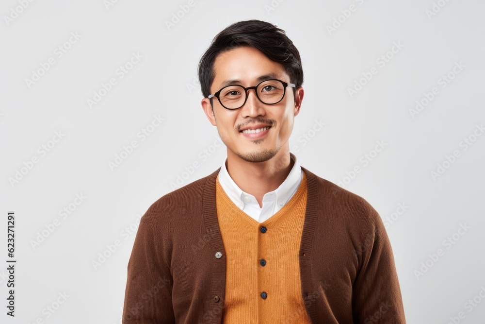 Cheerful asian man in eyeglasses looking at camera over white background Cheerful asian man in eyeglasses looking at camera over white background