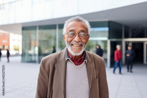 Portrait of smiling senior man in eyeglasses standing in front of office building