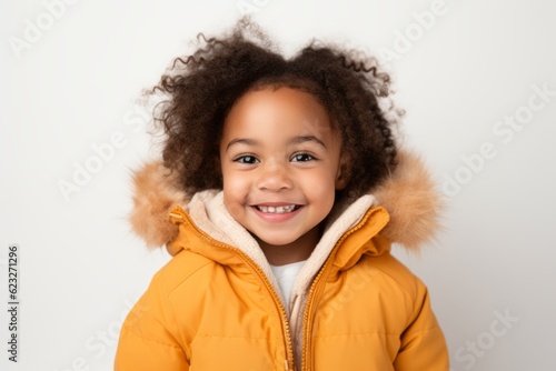 Portrait of a cute african-american little girl in a yellow jacket on a white background
