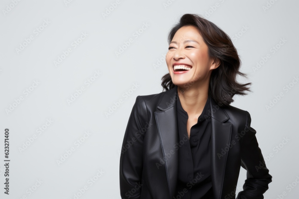 Portrait of a happy businesswoman laughing and looking away over gray background Portrait of a happy businesswoman laughing and looking away over gray background