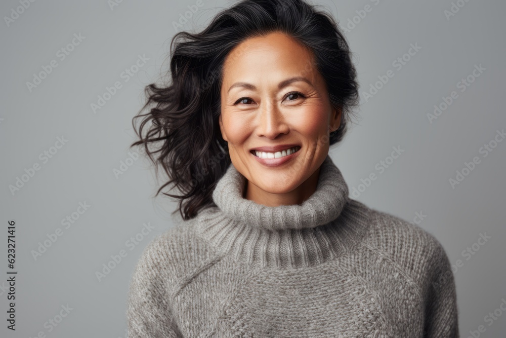 Portrait of a smiling middle-aged woman in a sweater, isolated on a gray background Portrait of a smiling middle-aged woman in a sweater, isolated on a gray background