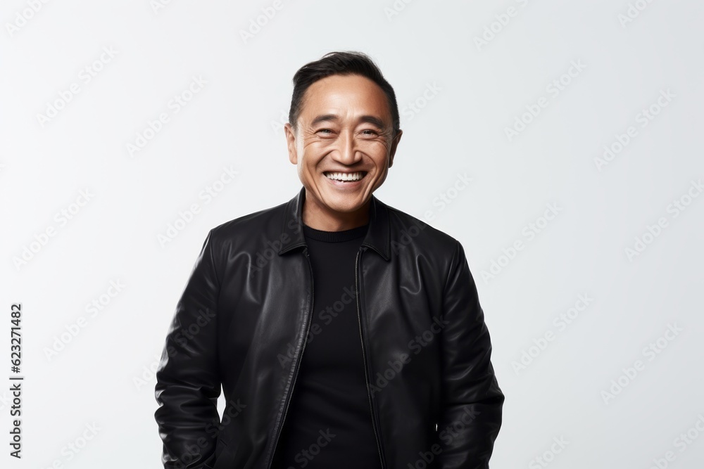 Portrait of a happy smiling asian man in leather jacket standing against white background Portrait of a happy smiling asian man in leather jacket standing against white background