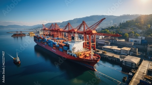 Container ship loading and unloading in sea port, Aerial view of business logistic import and export freight transportation by container ship in harbor, Container loading Cargo freight ship,