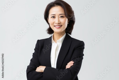 Portrait of a smiling businesswoman standing with arms crossed isolated on a white background