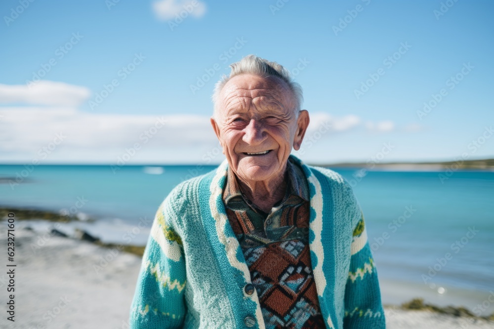 Portrait of happy senior man standing at the beach on a sunny day Portrait of happy senior man standing at the beach on a sunny day