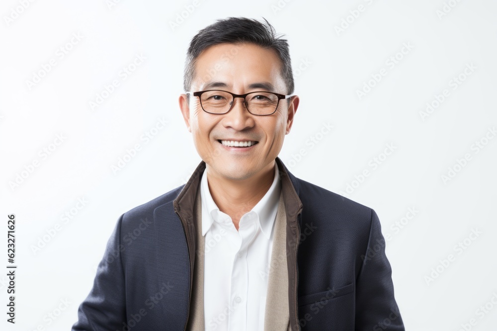 Portrait of a happy middle-aged Asian businessman wearing suit and eyeglasses Portrait of a happy middle-aged Asian businessman wearing suit and eyeglasses