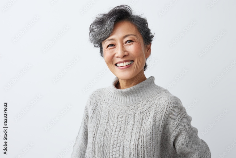 Portrait of smiling mature asian woman with gray hair, wearing warm sweater, looking at camera and smiling while standing against white background Portrait of smiling mature asian woman with gray hair, wearing warm sweater, looking at camera and smiling while standing against white background