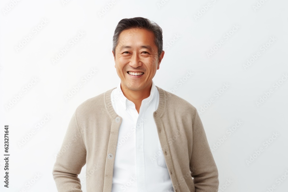 Portrait of happy mature Asian man smiling at camera over white background Portrait of happy mature Asian man smiling at camera over white background
