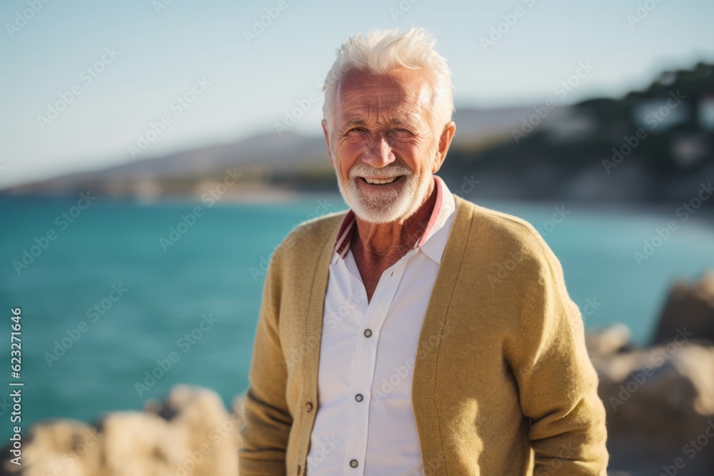 Portrait of smiling senior man standing by sea on a sunny day